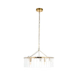 Endon Brockhurst 5 light pendant in brushed brass with a ring of handmade textured glass panels on a chain suspension, shown on a white background.