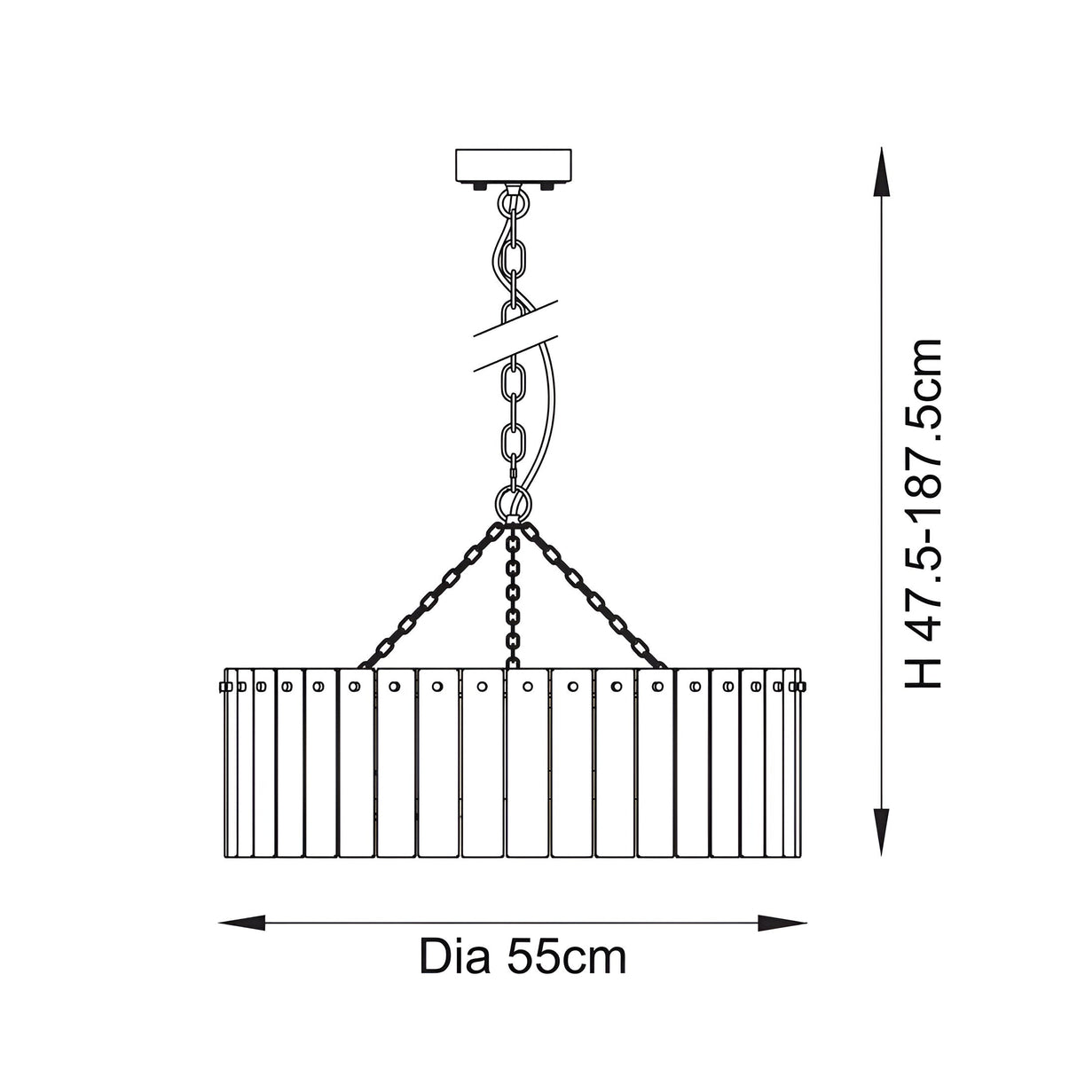Dimensioned line drawing of the Endon Brockhurst 5 Light Pendant in brass, showing 55cm diameter and adjustable 47.5–187.5cm height.