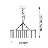 Dimensioned line drawing of the Endon Brockhurst 5 Light Pendant in brass, showing 55cm diameter and adjustable 47.5–187.5cm height.