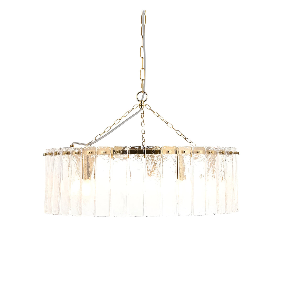 Endon Brockhurst 5 light pendant in brushed aged brass with a wide ring of handmade textured glass panels, suspended on a chain with grey braided flex.