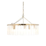 Endon Brockhurst 5 light pendant in brushed aged brass with a wide ring of handmade textured glass panels, suspended on a chain with grey braided flex.