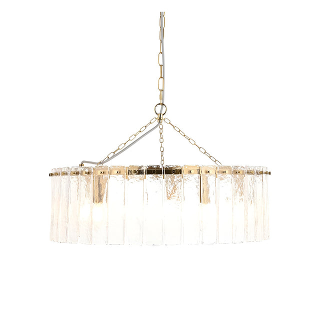Endon Brockhurst 5 light pendant in brushed aged brass with a wide ring of handmade textured glass panels, suspended on a chain with grey braided flex.
