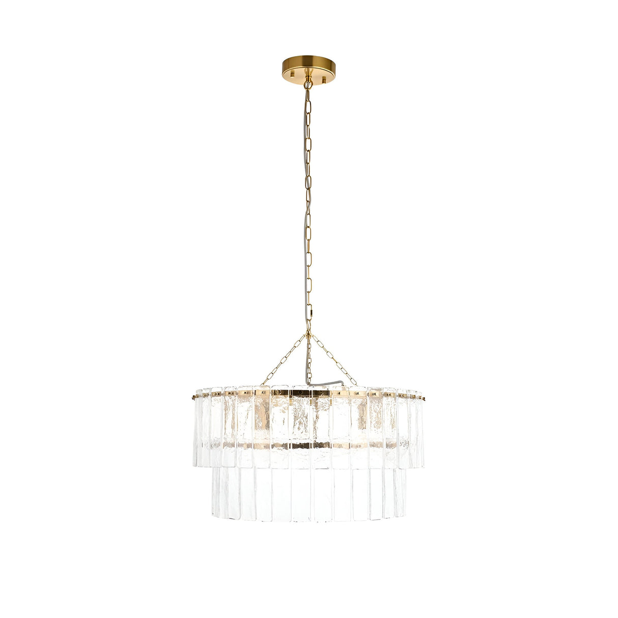 Endon Brockhurst 5 light chandelier with two tiers of textured glass panels and brushed aged brass frame, suspended from chain on a white background.