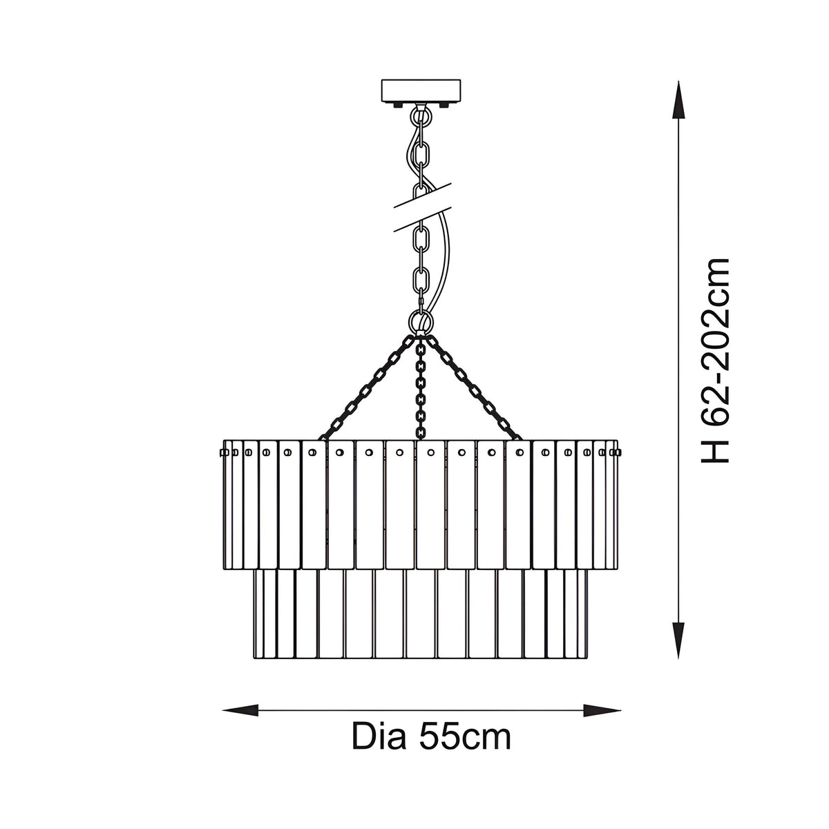 Endon Brockhurst 5 light chandelier dimension diagram showing 55cm diameter and adjustable height of 62 to 202cm.
