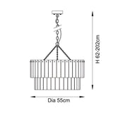 Endon Brockhurst 5 light chandelier dimension diagram showing 55cm diameter and adjustable height of 62 to 202cm.