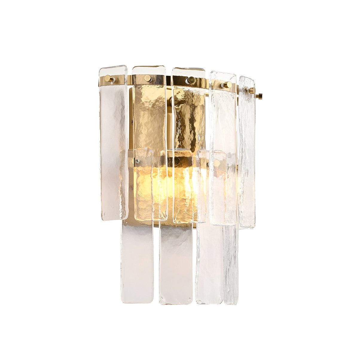 Brockhurst Wall Light in brass, featuring layered handmade textured glass panels on a brushed aged brass backplate, shown lit against a plain white background.