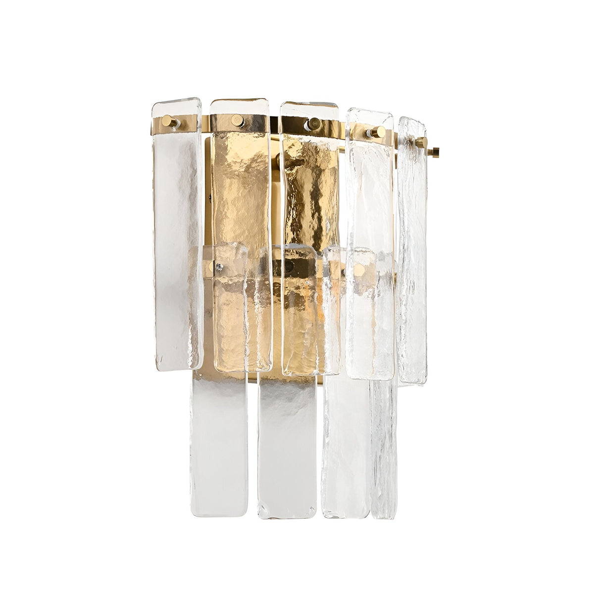 Brockhurst Wall Light in Brass, featuring layered textured glass panels framed by a brushed antique brass backplate, shown on a plain white background.