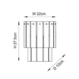 Line drawing of the Brockhurst wall light showing vertical glass panels with brass backplate, dimensions 22cm width, 27.5cm height, 12cm projection.