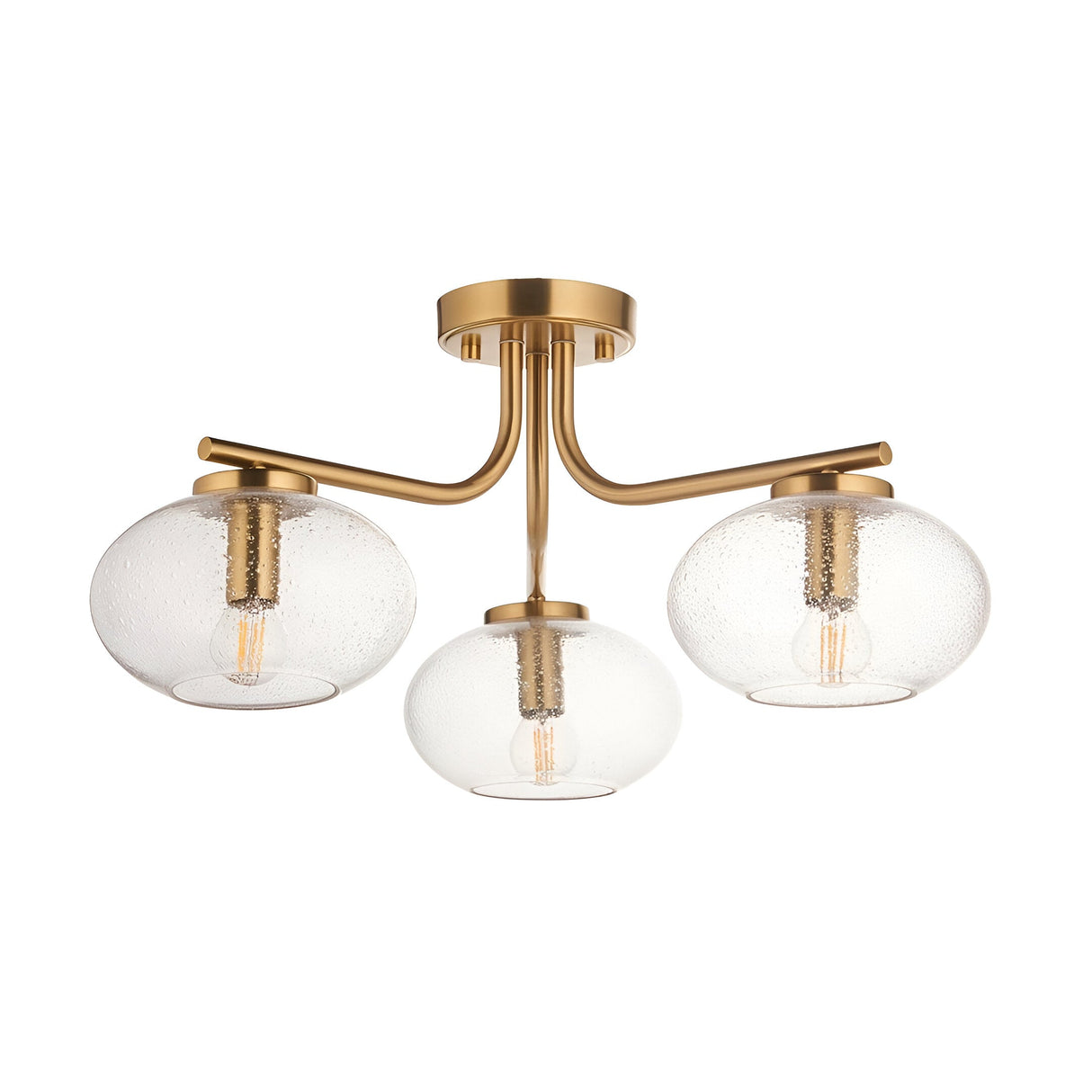 Pemberton 3 Light Semi-Flush Ceiling Light in brass with three curved arms holding round seeded glass shades, set on a plain white background.