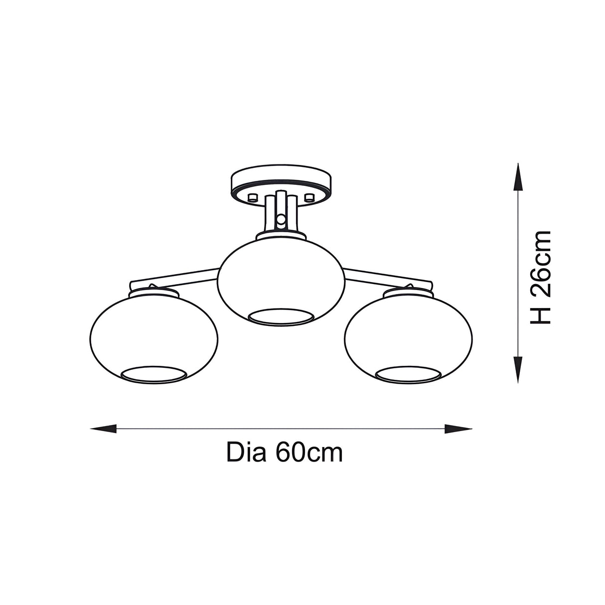 Line drawing of the Pemberton 3 Light Semi-Flush Ceiling Light in brass with round glass shades, showing 60cm diameter and 26cm height dimensions.