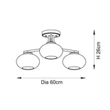Line drawing of the Pemberton 3 Light Semi-Flush Ceiling Light in brass with round glass shades, showing 60cm diameter and 26cm height dimensions.