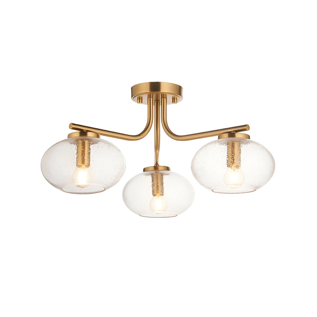 Pemberton 3 Light Semi-Flush Ceiling Light in brass, with three curved arms and clear seeded glass shades on a round ceiling plate, shown on a white background.