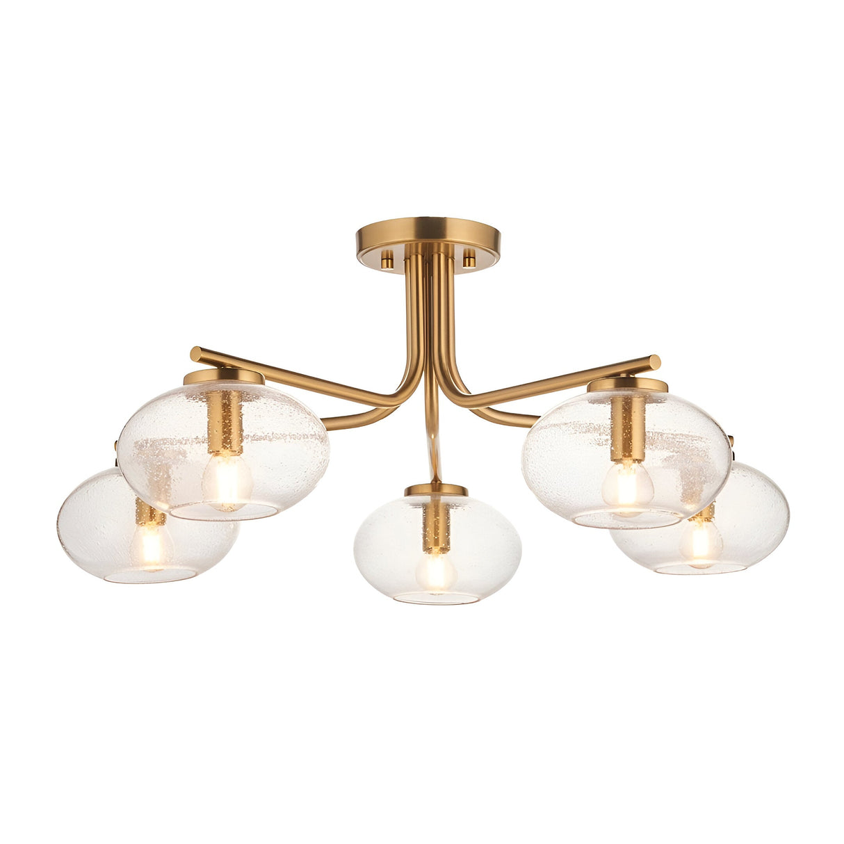 Endon Pemberton 5 light semi-flush ceiling light in brass with five seeded glass oval shades on curved arms, shown on a white background.