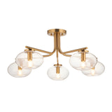 Endon Pemberton 5 light semi-flush ceiling light in brass with five seeded glass oval shades on curved arms, shown on a white background.