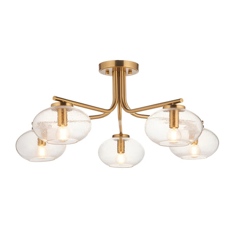 Endon Pemberton 5 light semi-flush ceiling light in brass with five seeded glass oval shades on curved arms, shown on a white background.