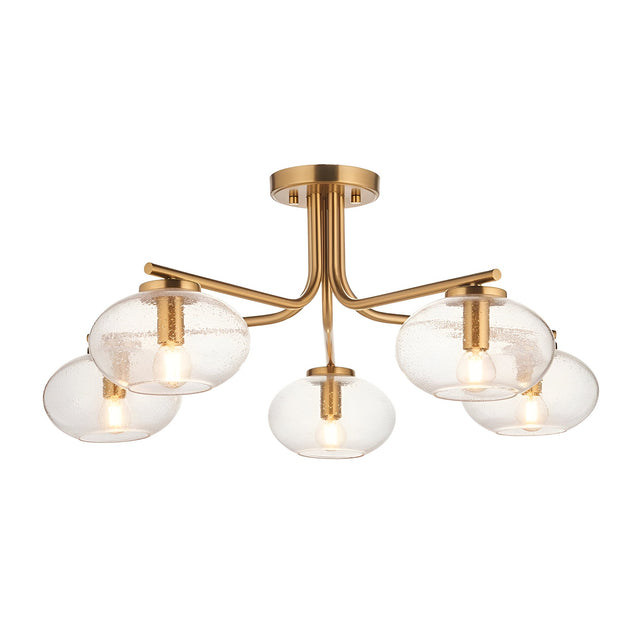 Endon Pemberton 5 light semi-flush ceiling light in brass with five seeded glass oval shades on curved arms, shown on a white background.