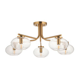 Endon Pemberton 5 light semi-flush ceiling light in brass with five seeded glass oval shades on curved arms, shown on a white background.
