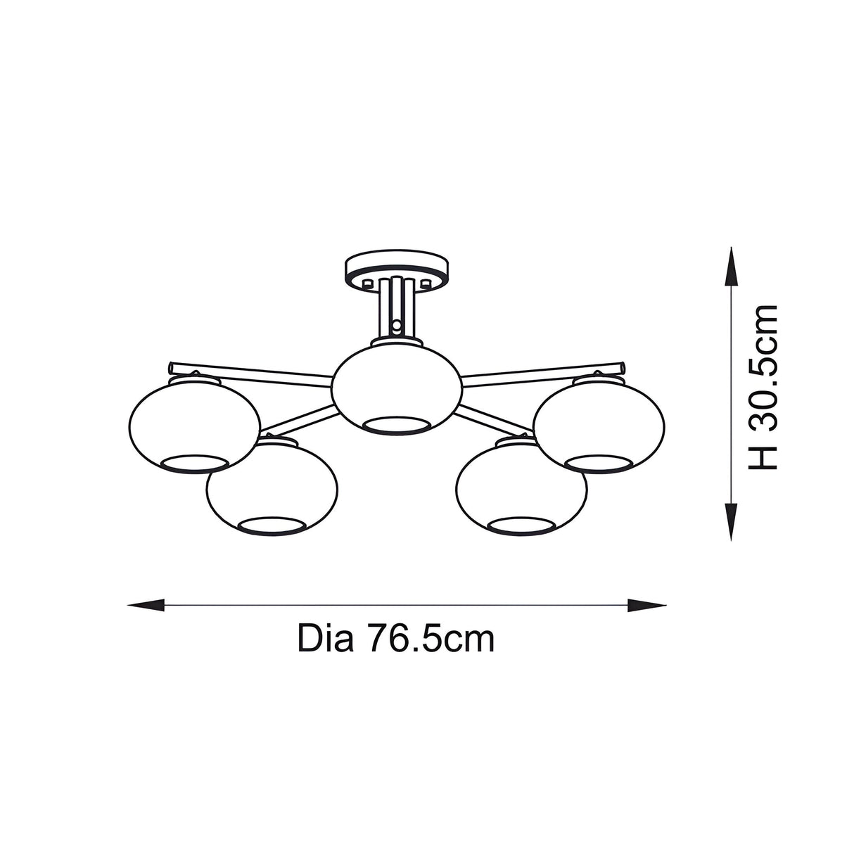 Dimension diagram of the Endon Pemberton 5 Light Semi-Flush Ceiling Light in brass, showing 76.5cm diameter and 30.5cm height on a white background.