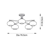Dimension diagram of the Endon Pemberton 5 Light Semi-Flush Ceiling Light in brass, showing 76.5cm diameter and 30.5cm height on a white background.