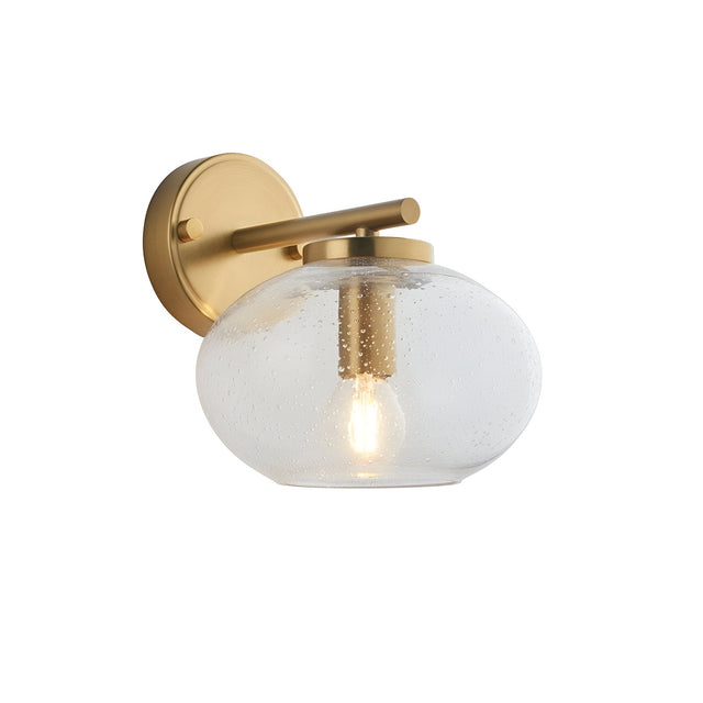 Endon Pemberton wall light in brass with a single E14 lamp inside a hand-blown clear bubbled glass oval shade, shown on a white background.