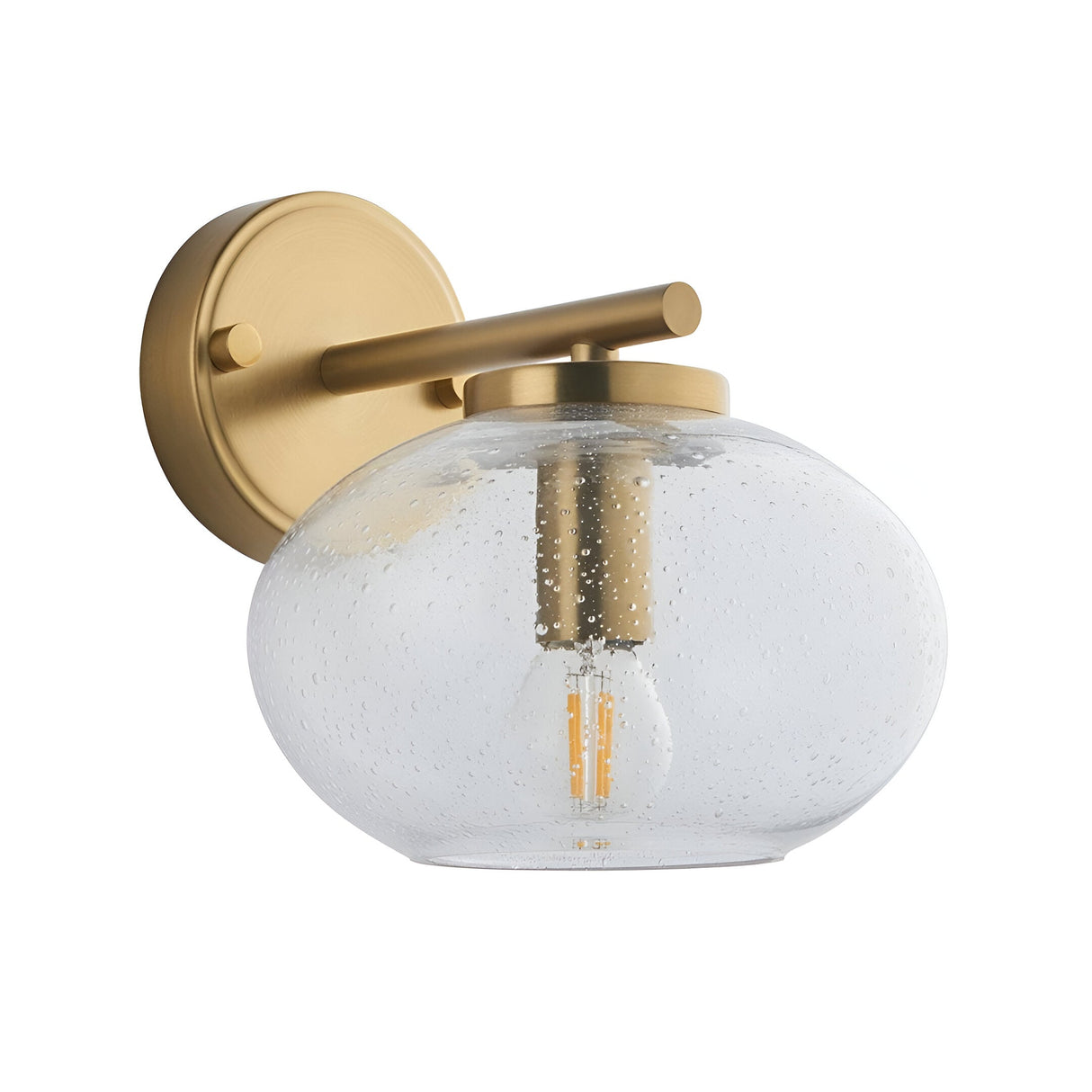 Endon Pemberton wall light in brass with a hand-blown clear bubbled glass globe shade and single E14 filament lamp, shown on a white background.