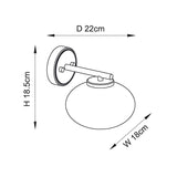 Technical dimension diagram of the Endon Pemberton wall light showing height 18.5cm, width 18cm and projection 22cm on a white background.