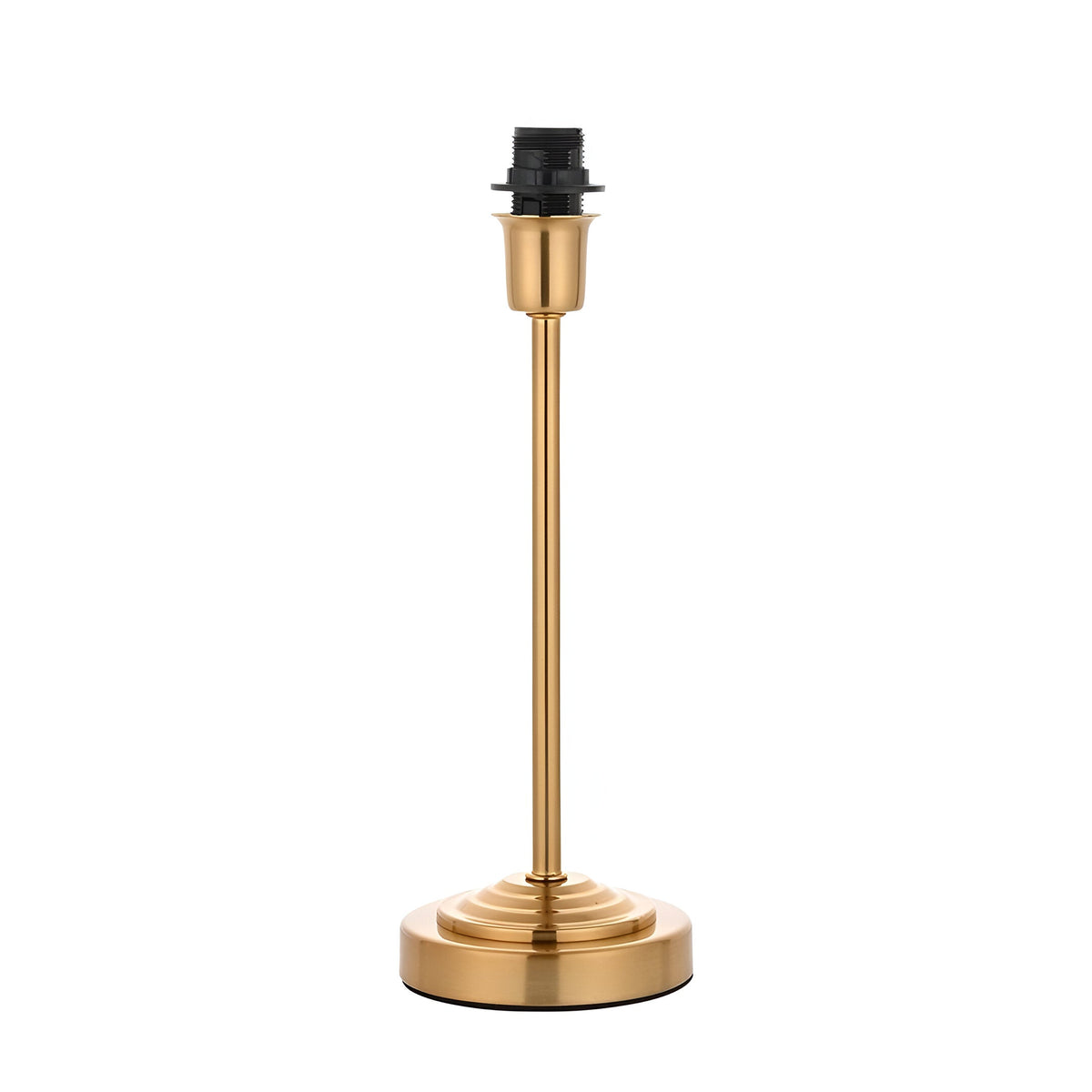 Endon Chartworth table lamp base in brushed brass with a stepped tapering stem, E14 bulb holder and round base, shown on a plain white background.
