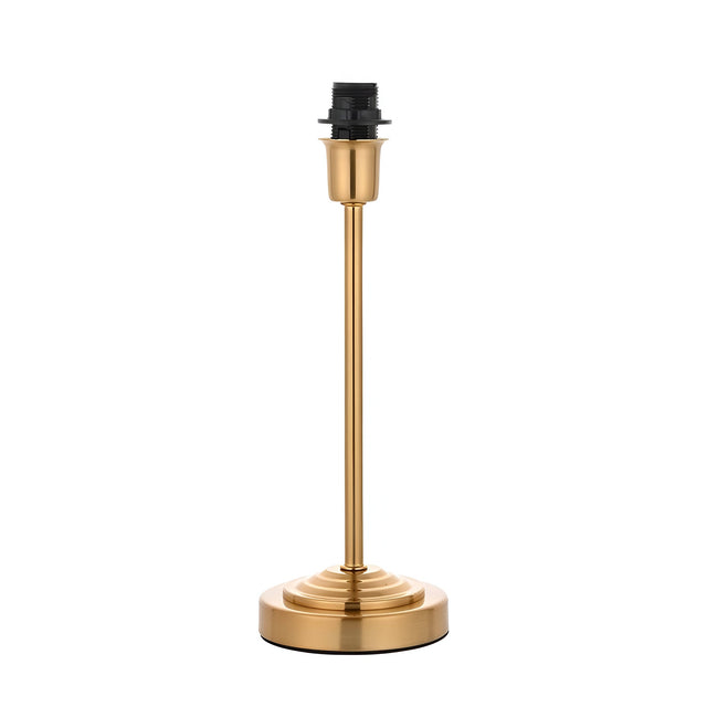 Endon Chartworth table lamp base in brushed brass with a stepped tapering stem, E14 bulb holder and round base, shown on a plain white background.