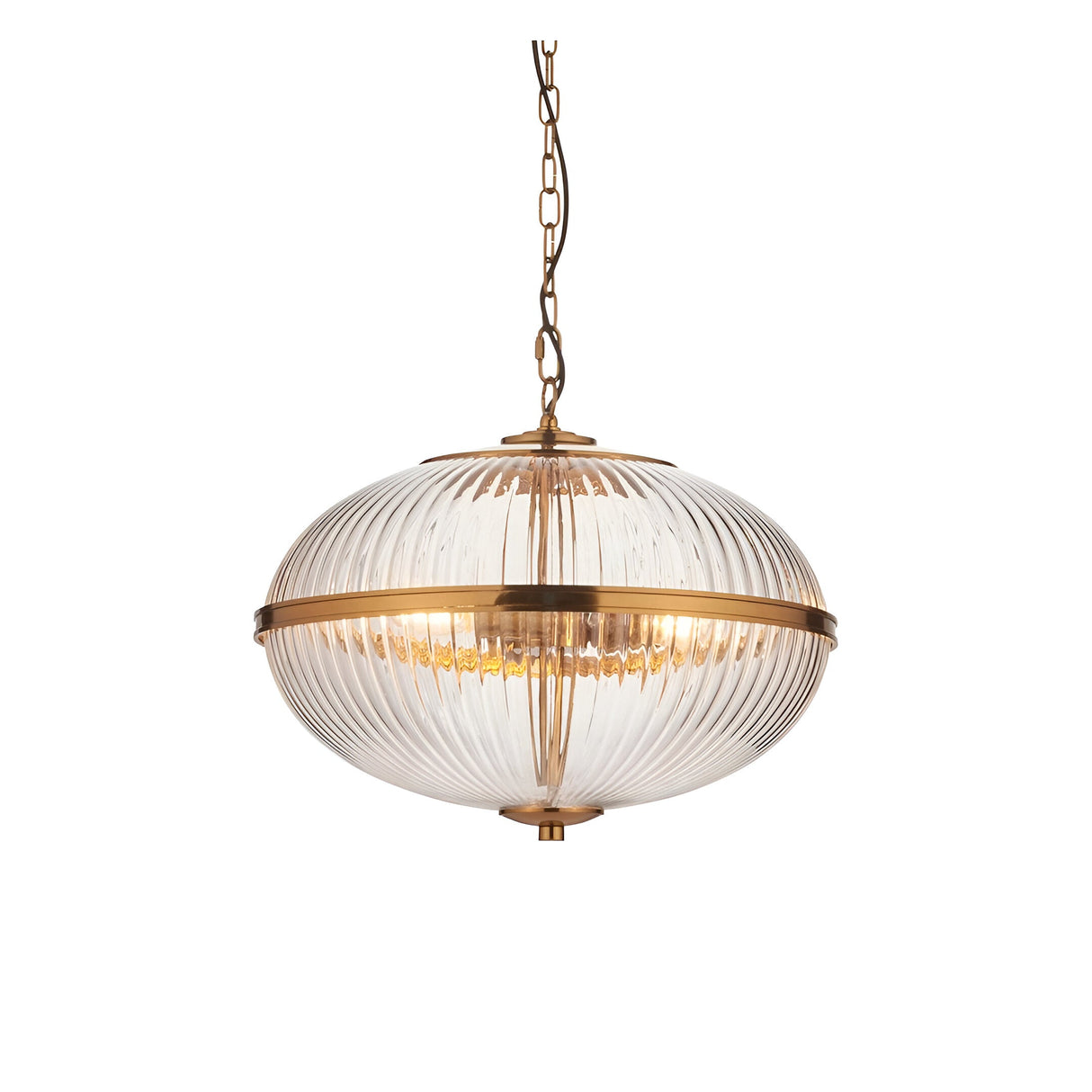 Langton 3 Light Pendant in brass with a ribbed two-part clear glass globe held by a brass band, hung from an adjustable chain on a white background.