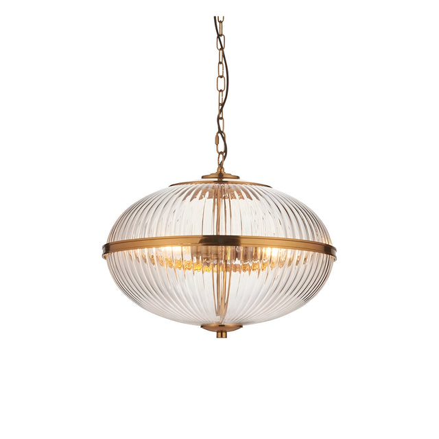 Langton 3 Light Pendant in brass with a ribbed two-part clear glass globe held by a brass band, hung from an adjustable chain on a white background.