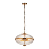 Langton 3 Light Pendant in brass with a ribbed two-part clear glass globe, brass band and adjustable chain, shown on a plain white background.