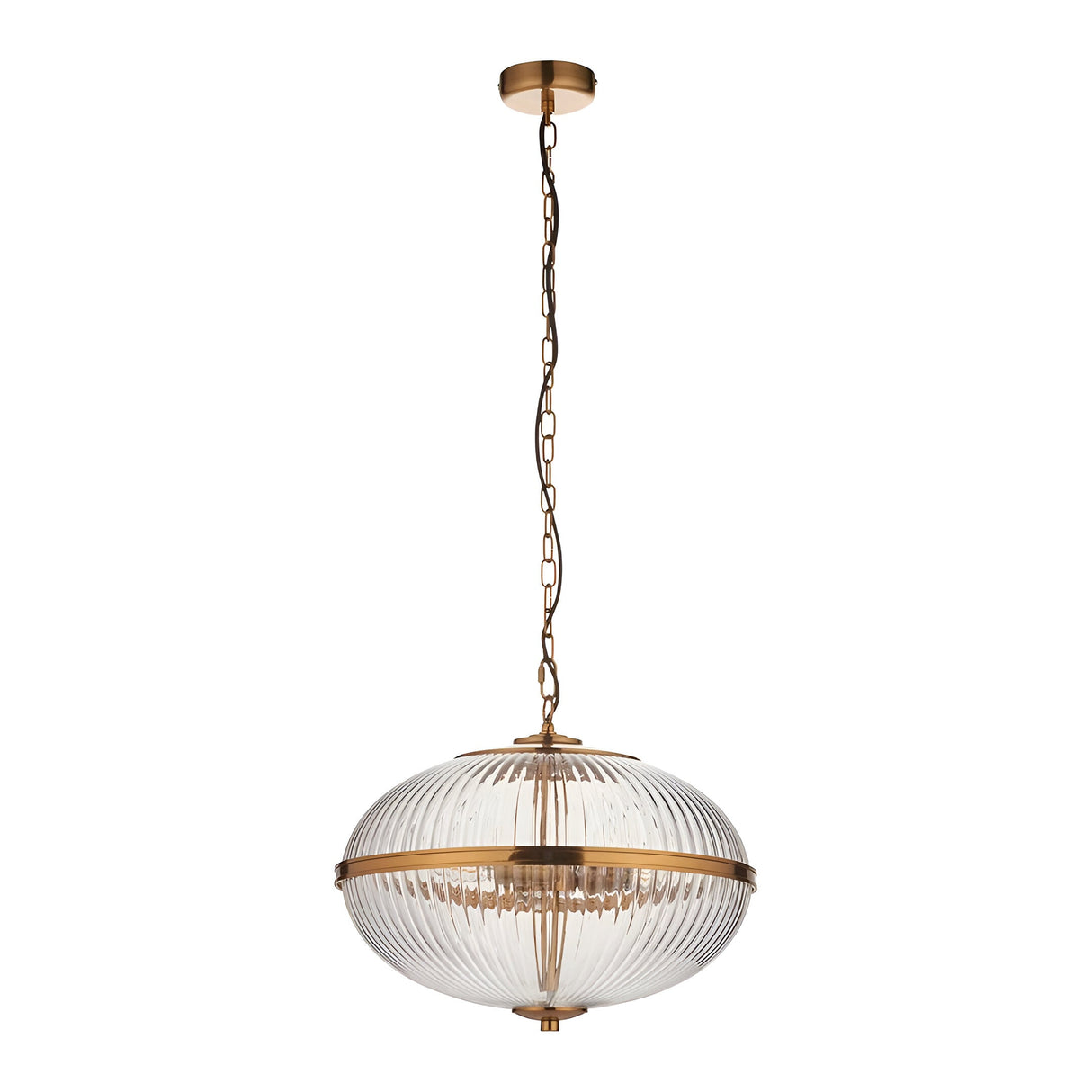 Langton 3-Light Pendant in brass, featuring a ribbed clear glass globe with brass band detail, suspended by an adjustable chain on a plain white background.
