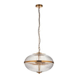 Langton 3-Light Pendant in brass, featuring a ribbed clear glass globe with brass band detail, suspended by an adjustable chain on a plain white background.