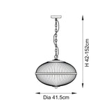 Line drawing of the Langton 3 Light Pendant in brass, showing ribbed glass globe on adjustable chain with dimensions Dia 41.5cm and H 42-152cm.
