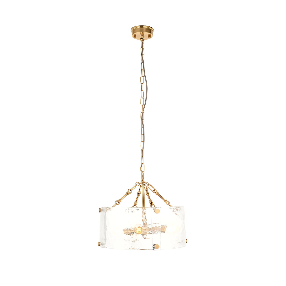 Brockmont 4 Light Pendant in brass with a cylindrical shade of ribbed, textured glass panels, hung from an adjustable chain on a plain white background.