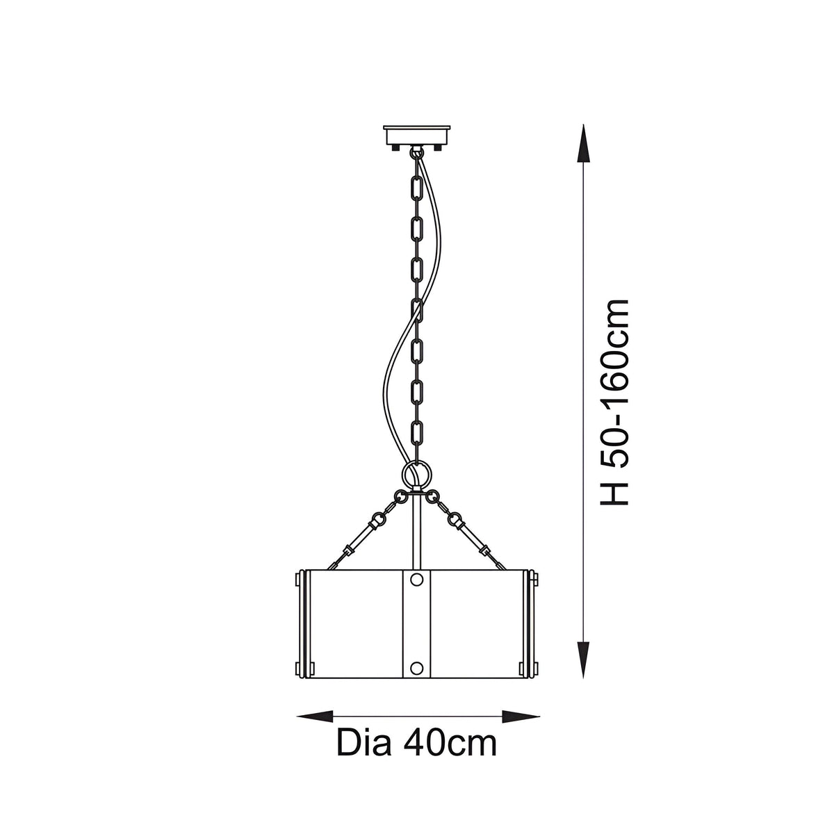 Line drawing of the Brockmont 4 Light Pendant in brass showing adjustable chain suspension, height 50-160cm and shade diameter 40cm.