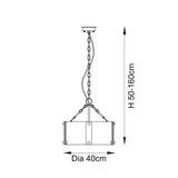 Line drawing of the Brockmont 4 Light Pendant in brass showing adjustable chain suspension, height 50-160cm and shade diameter 40cm.