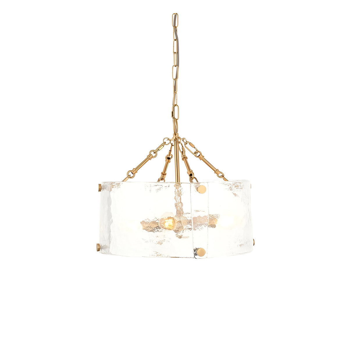 Brockmont 4-light brass pendant with a cylindrical shade of textured, rippled glass panels and decorative fixings, hung from a brass chain.