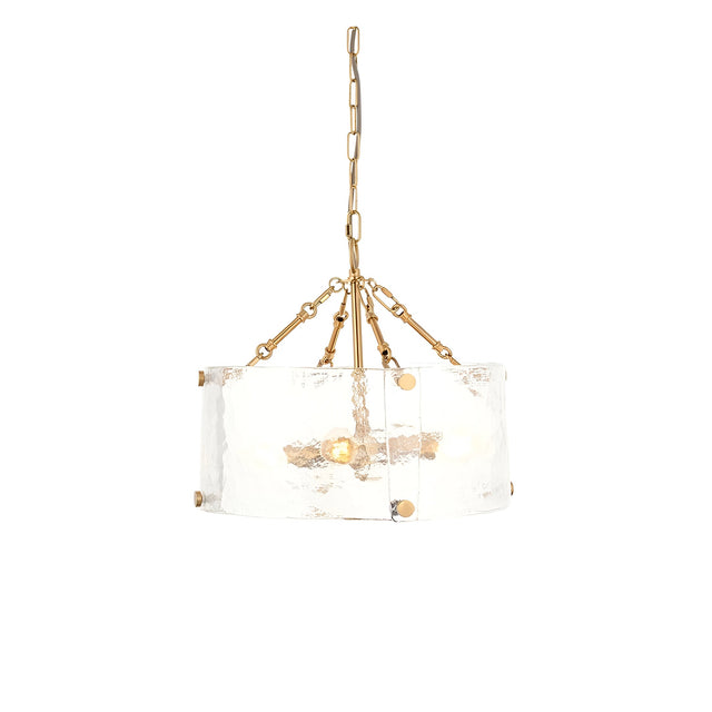Brockmont 4-light brass pendant with a cylindrical shade of textured, rippled glass panels and decorative fixings, hung from a brass chain.