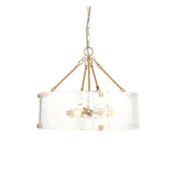 Endon Brockmont 6 light pendant with a rippled handmade glass cylindrical shade, brushed aged brass frame and chain suspension, on a white background.