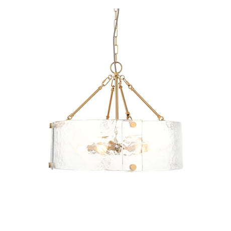 Endon Brockmont 6 light pendant with a rippled handmade glass cylindrical shade, brushed aged brass frame and chain suspension, on a white background.