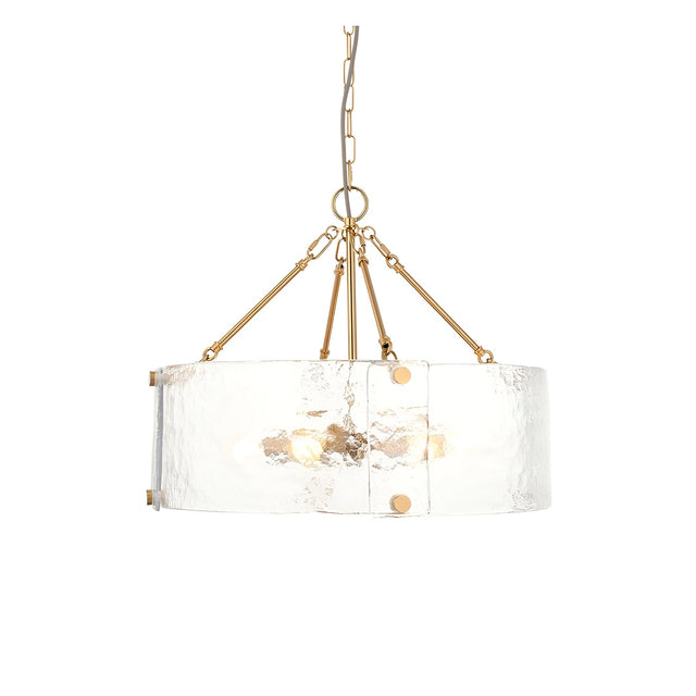 Endon Brockmont 6 light pendant with a rippled handmade glass cylindrical shade, brushed aged brass frame and chain suspension, on a white background.