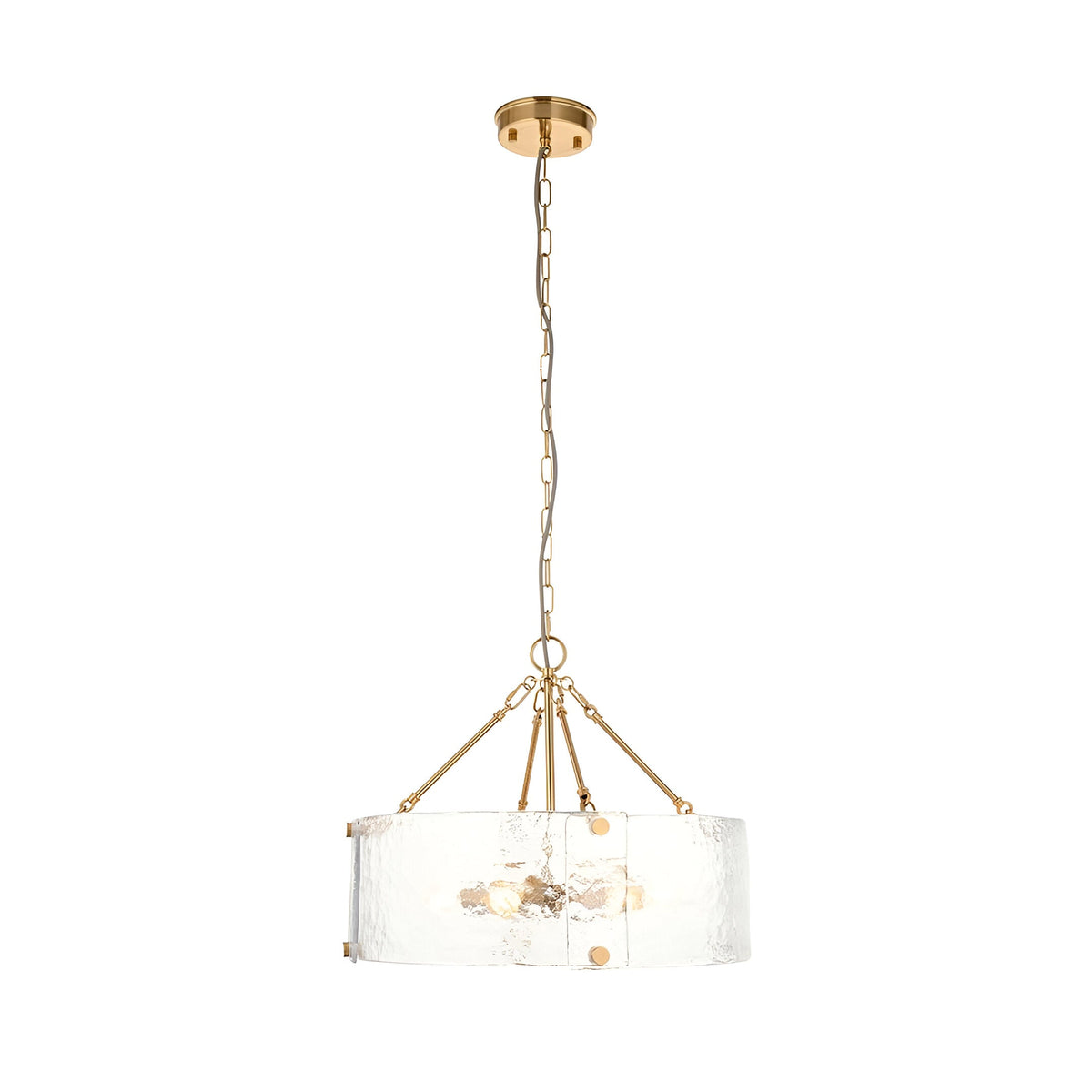 Endon Brockmont 6 light pendant with a rippled handmade glass cylindrical shade, brushed aged brass frame and chain suspension on a white background.