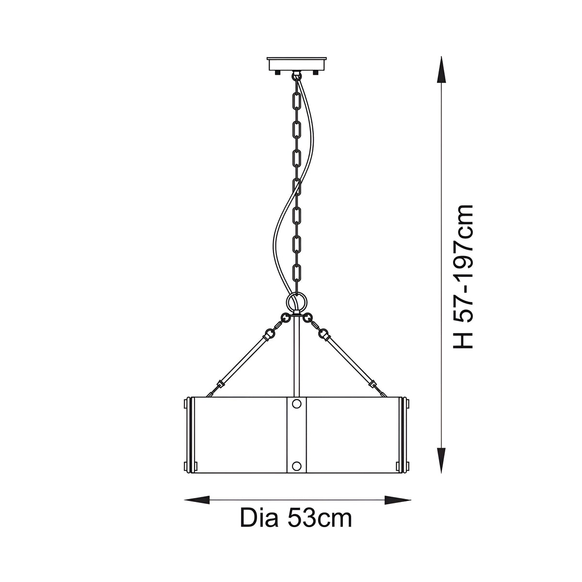 Dimension diagram of the Endon Brockmont 6 Light Brass Pendant showing a 53cm diameter cylindrical shade and adjustable height of 57–197cm.