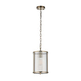 Endon Rothbury small pendant light with ribbed clear glass cylindrical shade and antique brass frame, suspended from a chain on a plain background.