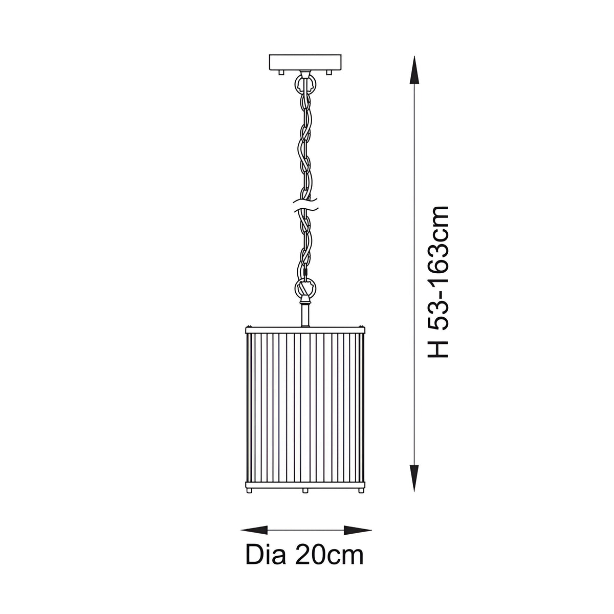 Dimension diagram of the Endon Rothbury brass pendant light showing 20cm diameter and adjustable height range of 53–163cm.