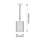 Dimension diagram of the Endon Rothbury brass pendant light showing 20cm diameter and adjustable height range of 53–163cm.
