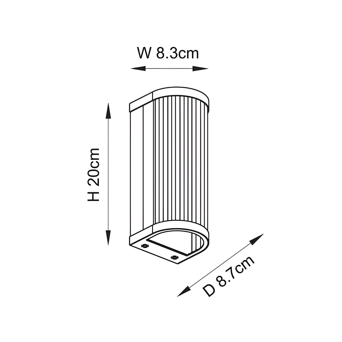 Dimension diagram of the Endon Rothbury wall light showing 20cm height, 8.3cm width and 8.7cm projection on a plain white background.