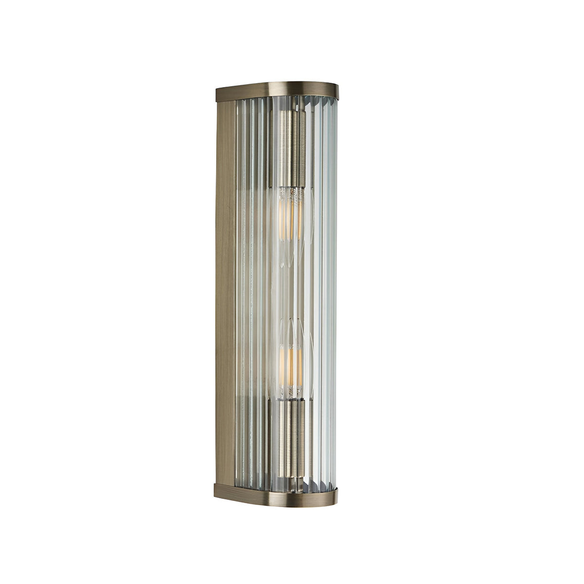 Rothbury 2 Light Wall Light in antique brass with ribbed clear glass diffusers, elongated curved frame, shown on a plain white background.