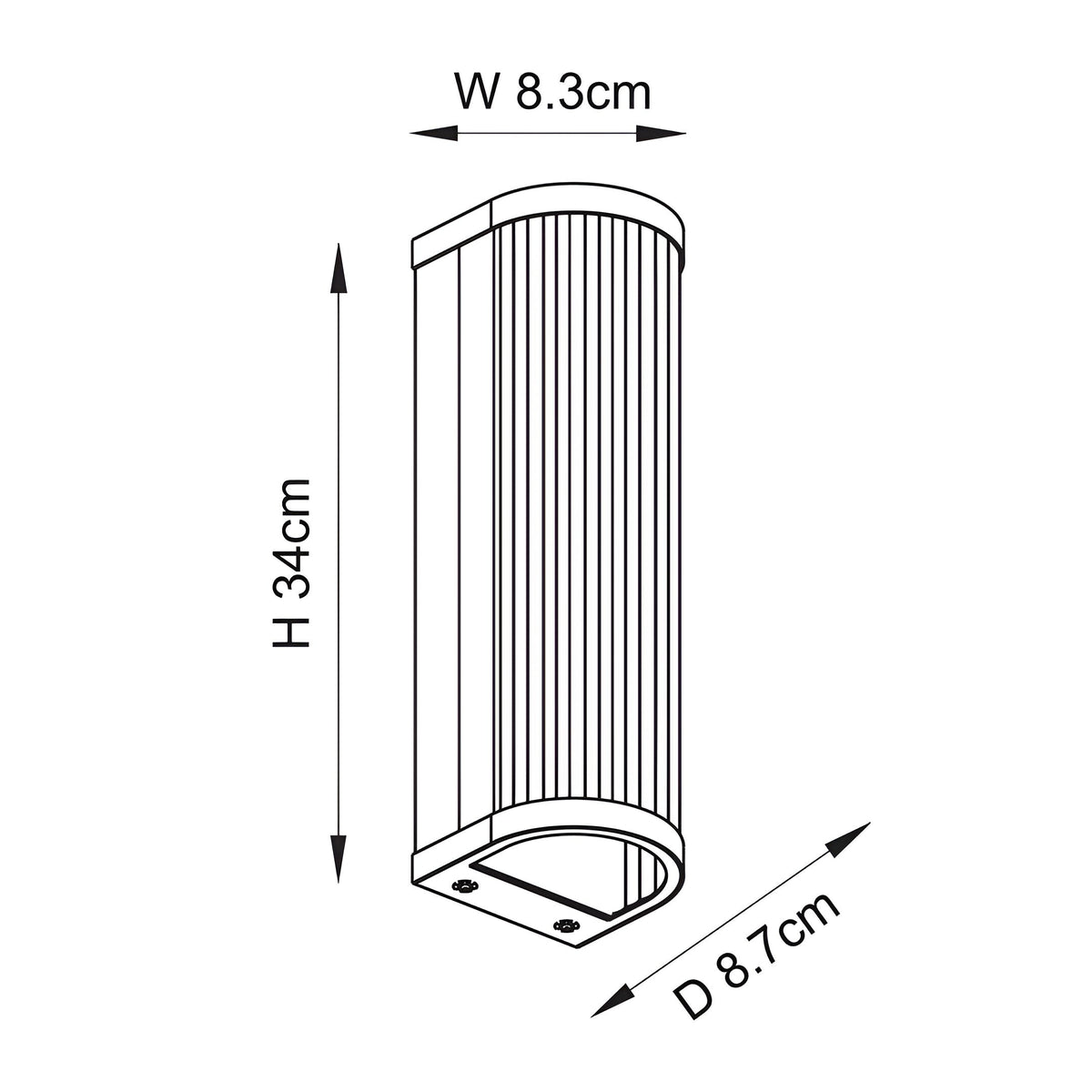 Line drawing of the Rothbury 2 Light Wall Light in antique brass with ribbed glass diffuser, showing dimensions H34cm, W8.3cm, D8.7cm.